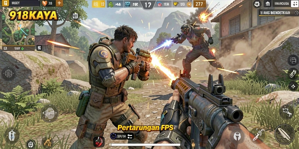 Screenshot gameplay menampilkan aksi menembak yang intens di 918KAYA.