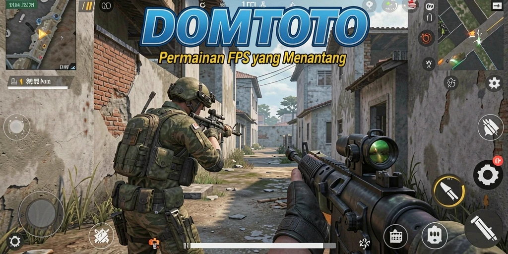 Screenshot utama DOMTOTO menampilkan aksi seru dalam pertandingan FPS.