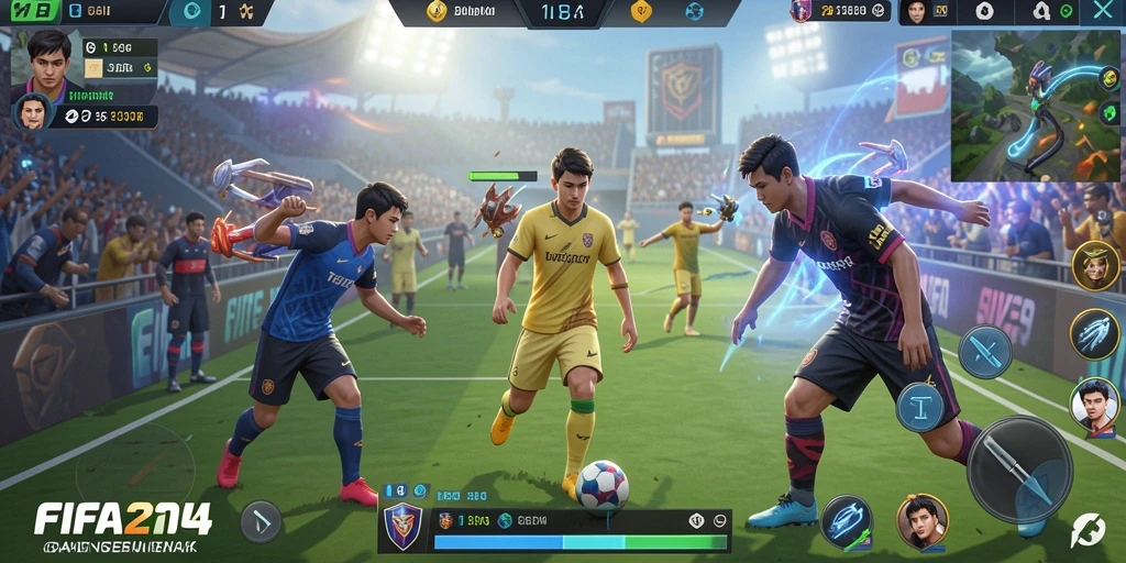 Screenshot menunjukkan aksi seru dalam pertandingan FIFA234 MOBA.