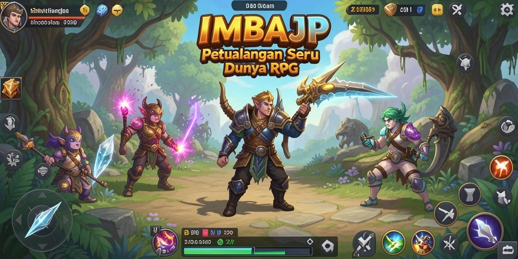 Screenshot gameplay IMBAJP dengan karakter dan monster dalam pertempuran seru.