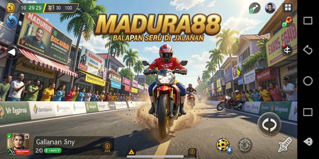 Gameplay mendebarkan dalam MADURA88 saat balapan di trek berliku.