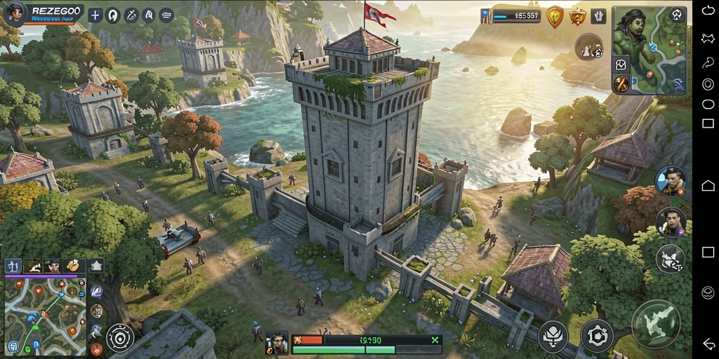 Tampilan utama gameplay REZEGO dengan menara yang defensif.