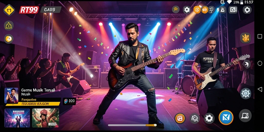 Tampilan gameplay RT99 yang seru dengan berbagai lagu dan tantangan.