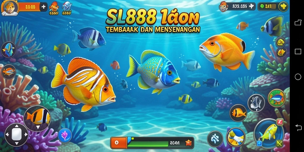 Gameplay seru SL888 dengan banyak ikan untuk ditembak.