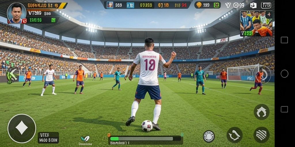 Screenshot utama VT789 menampilkan aksi seru di lapangan sepak bola.